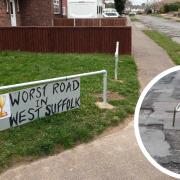 A sign has appeared on Trinity Avenue Mildenhall branding it the 'Worst Road in West Suffolk'