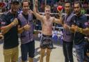 Joe Le Maire celebrates his latest victory in Thailand with the Sumalee Boxing Gym team. Picture: MR LEAF PHOTOGRAPHY