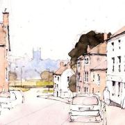 Artists' impression of the view from the new development towards St Edmundsbury Cathedral.