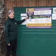 The new display about the tours on the Hut notice board at the Abbey Gardens. Pictured are Terry O’Donoghue and Caroline Holt