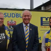 New AFC Sudbury joint managers Rick Andrews (left) and Angelo Harrop (right) pictured alongside chairman Andrew Long at the club Picture: Steve Screech (AFC Sudbury)