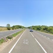 A crash between a car and a tractor has blocked the A14 near Stowmarket